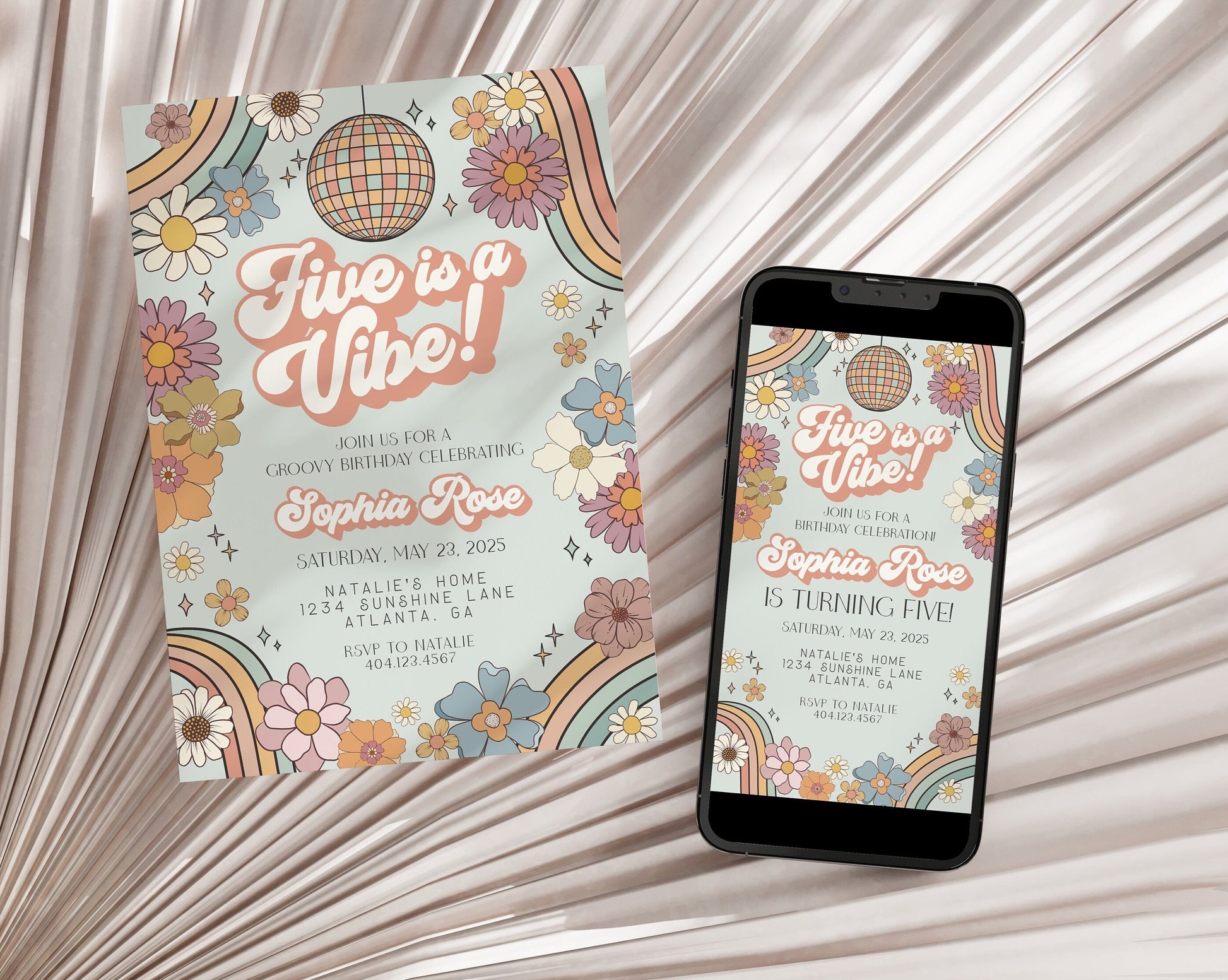 Five is a Vibe Floral 5th Birthday Invitation Template Set, groovy babe fifth birthday party invitation retro 70s disco birthday party evite