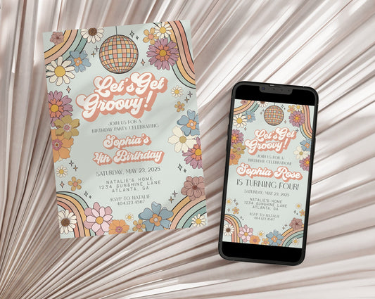 Lets Get Groovy Floral Birthday Invitation Template Set, groovy babe birthday invitation retro 70s birthday party evite boho hippie invite