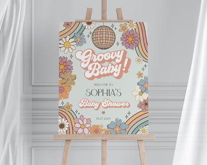 Groovy Floral Baby Shower Welcome Sign Template, retro groovy 70s baby shower printable baby in bloom boho daisy party decor template girl