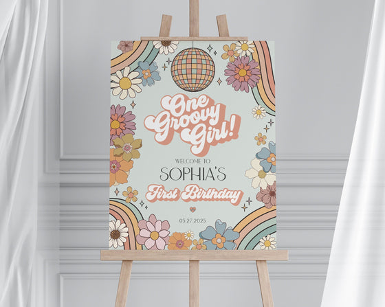 Groovy Floral 1st Birthday Welcome Sign Template, retro 70s Birthday one groovy girl birthday party decor, groovy birthday party decor