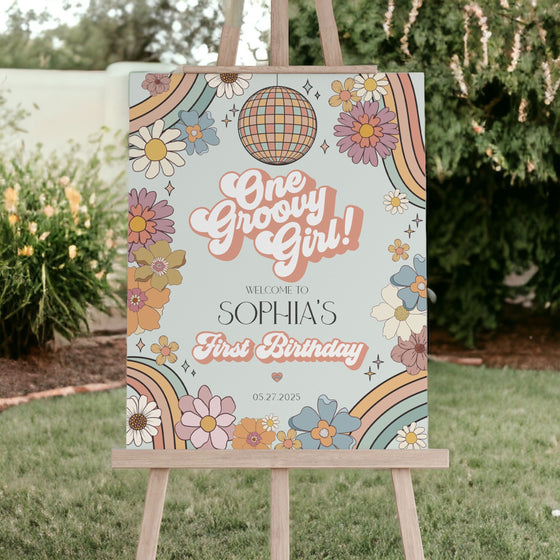 Groovy Floral 1st Birthday Welcome Sign Template, retro 70s Birthday one groovy girl birthday party decor, groovy birthday party decor