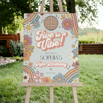 Five is a Vibe Groovy Floral 5th Birthday Welcome Sign Template, retro 70s Birthday, groovy girl hippie boho fifth birthday party decor