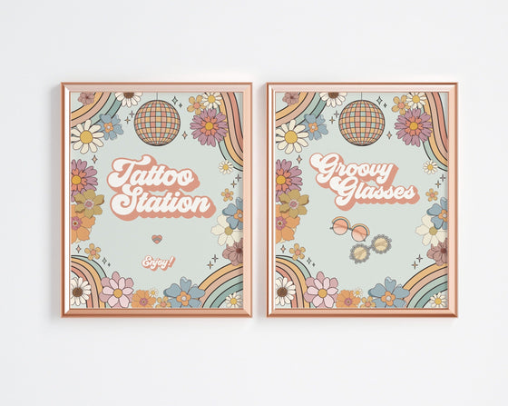 Groovy Floral Birthday Tattoo station and Groovy Glasses Sign, One Groovy Girl, Two Groovy, lets get groovy retro 70s girl birthday party