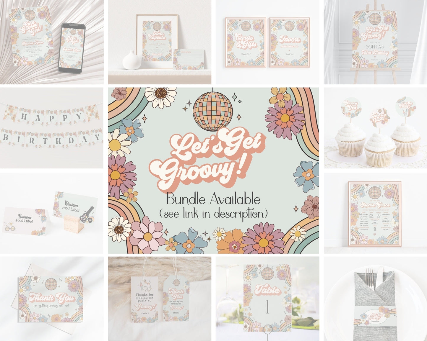 Groovy Floral My First Year Milestone Sign Template, one groovy year 1st birthday party for girl, retro 1st birthday decor one groovy girl