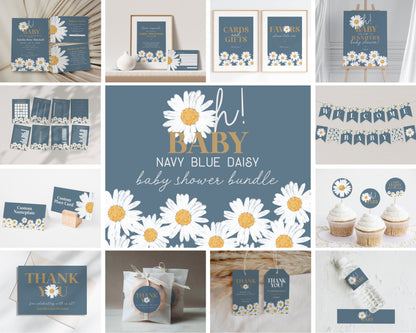 Navy Blue Daisy Oh Baby Shower Bundle Template, digital files for baby shower for girl simple Wildflower printable retro daisy baby in bloom