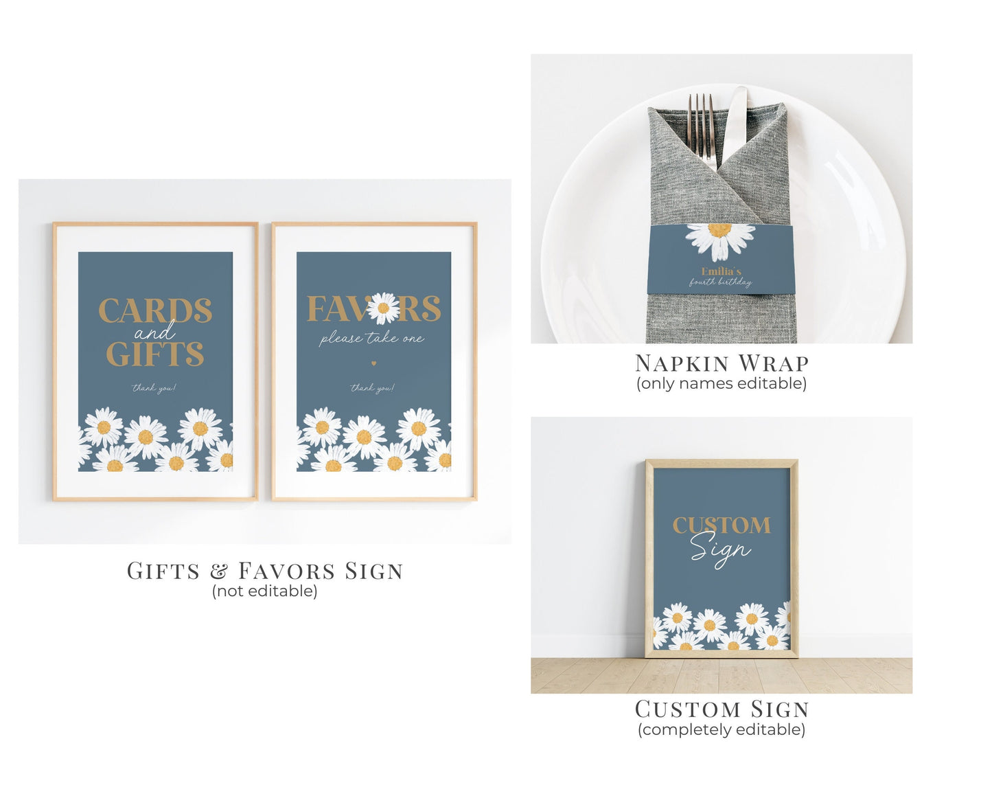 Navy Blue Daisy Oh Baby Shower Bundle Template, digital files for baby shower for girl simple Wildflower printable retro daisy baby in bloom