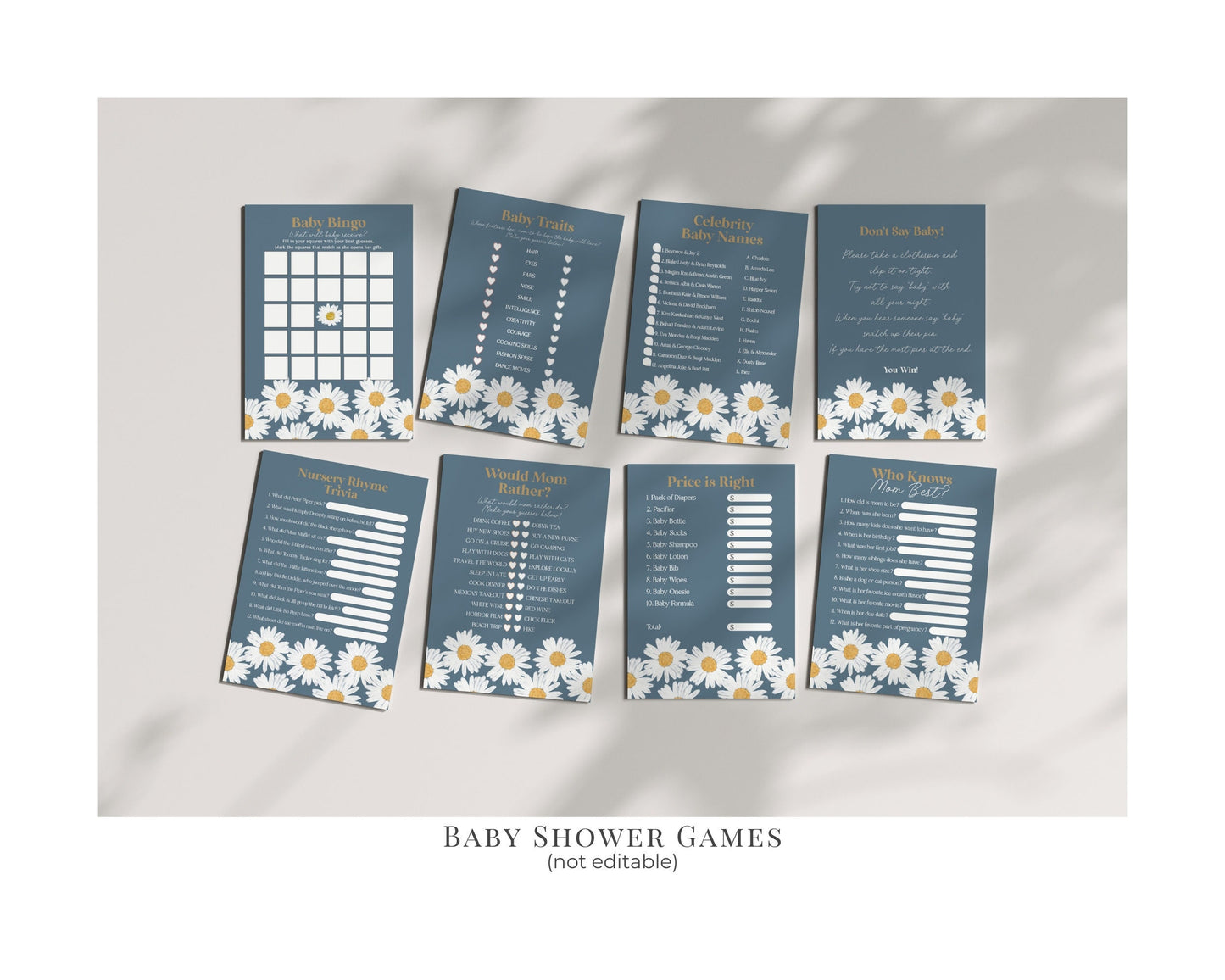 Navy Blue Daisy Oh Baby Shower Bundle Template, digital files for baby shower for girl simple Wildflower printable retro daisy baby in bloom