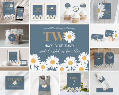 Navy Blue Daisy 2nd Birthday Bundle Template, digital files for birthday party for girl simple Wildflower printable retro daisy party decor