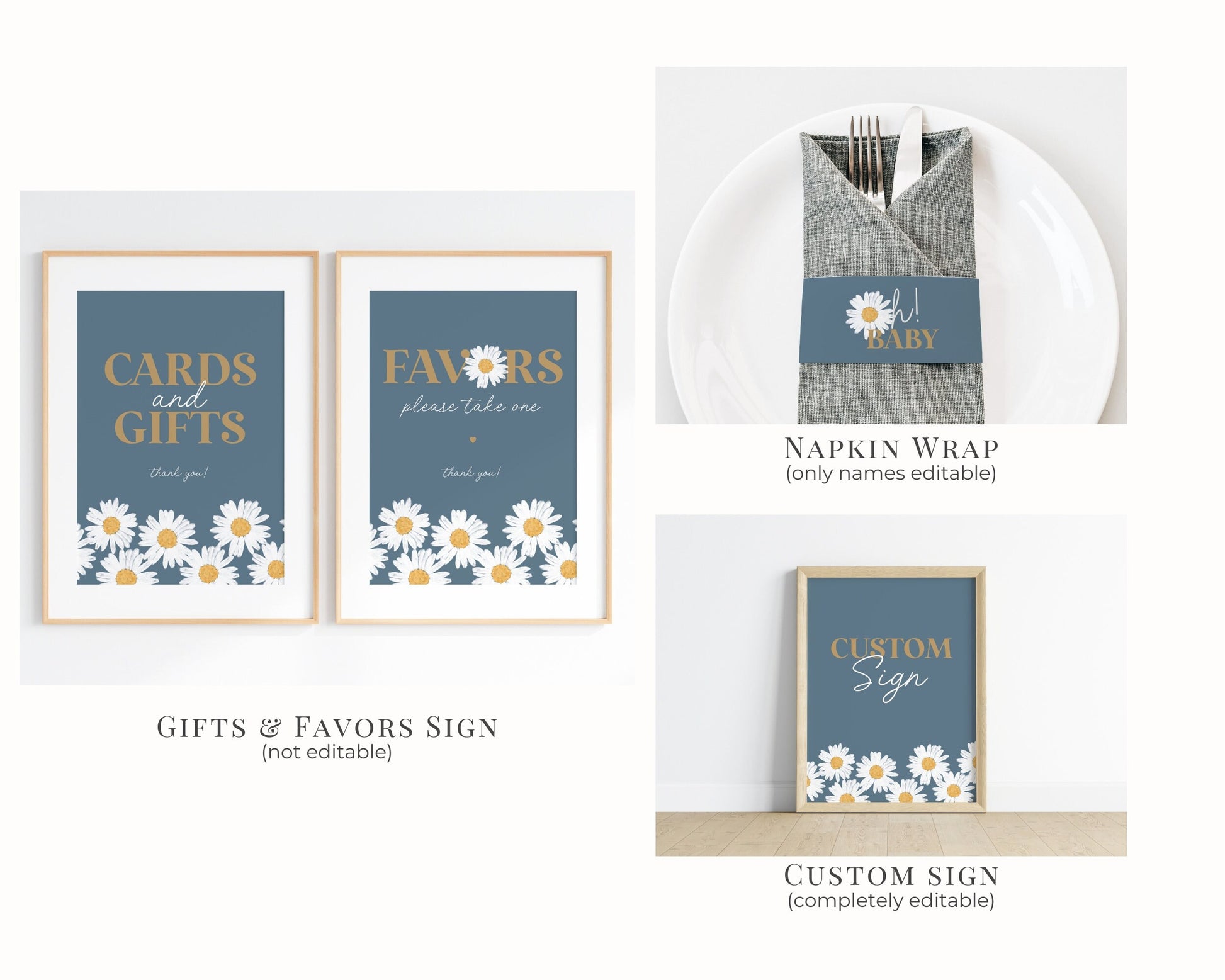 Navy Blue Daisy 2nd Birthday Bundle Template, digital files for birthday party for girl simple Wildflower printable retro daisy party decor