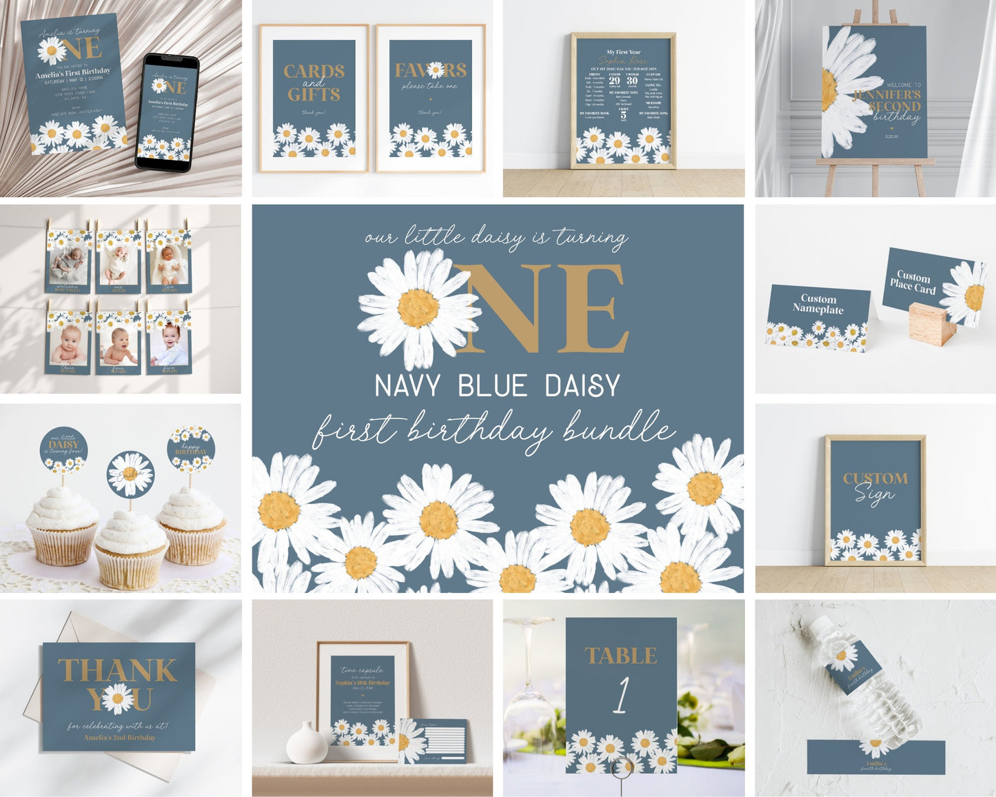 Navy Blue Daisy 1st Birthday Bundle Template, digital printable for birthday party for girl simple wildflower retro daisy birthday decor