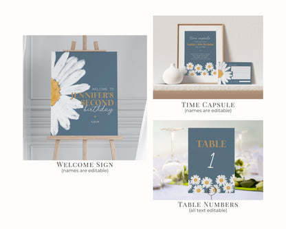 Navy Blue Daisy 1st Birthday Bundle Template, digital printable for birthday party for girl simple wildflower retro daisy birthday decor