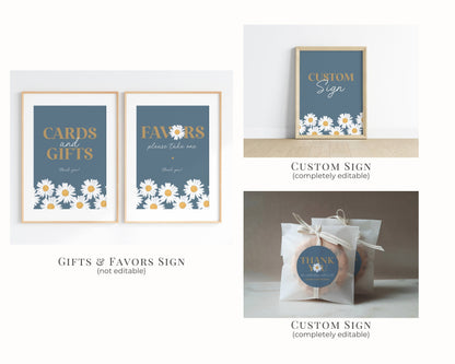 Navy Blue Daisy 1st Birthday Bundle Template, digital printable for birthday party for girl simple wildflower retro daisy birthday decor