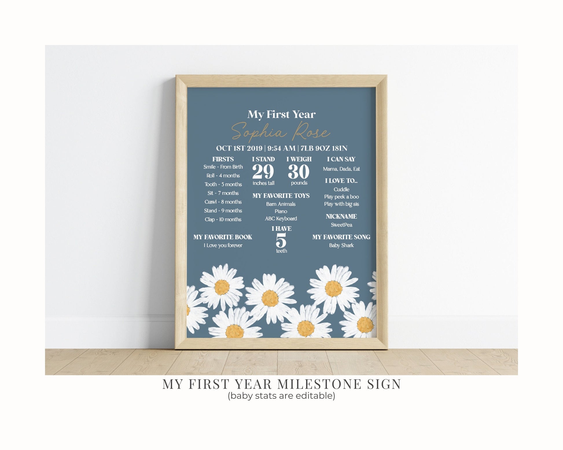 Navy Blue Daisy 1st Birthday Bundle Template, digital printable for birthday party for girl simple wildflower retro daisy birthday decor