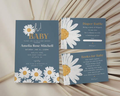 Navy Blue Daisy Oh Baby Shower Invitation Template, instant download retro daisy wildflower baby shower for girl, baby in bloom invitation