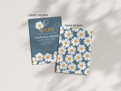 Navy Blue Daisy Oh Baby Shower Invitation Template, instant download retro daisy wildflower baby shower for girl, baby in bloom invitation