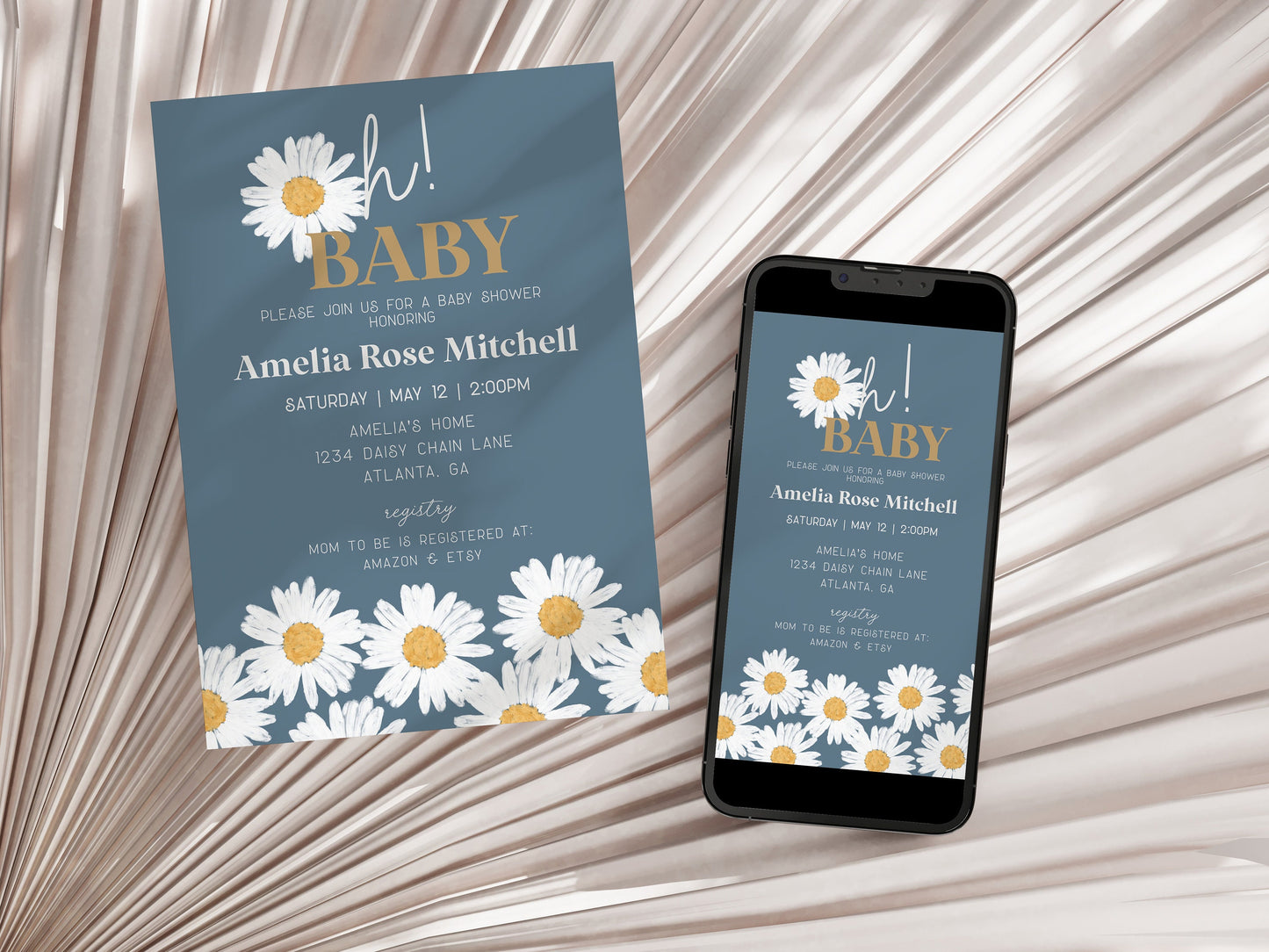 Navy Blue Daisy Oh Baby Shower Invitation Template, instant download retro daisy wildflower baby shower for girl, baby in bloom invitation