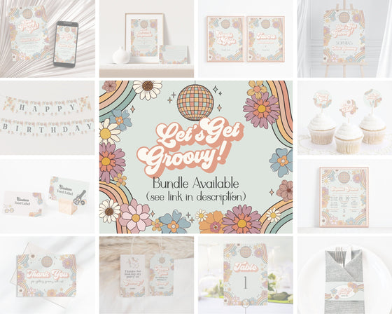 Lets Get Groovy Floral Birthday Party Cupcake Toppers Printable, boho retro birthday decor for girl instant download 70s theme dessert table