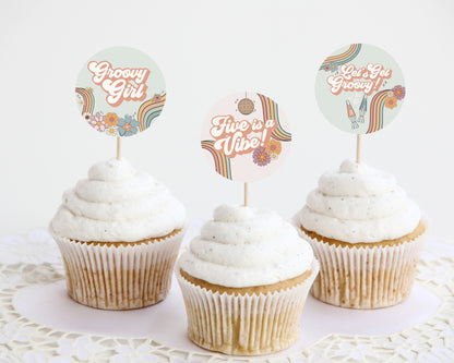 Five is a Vibe Groovy Floral 5th Birthday Cupcake Toppers Printable, boho retro birthday decor girl instant download 70s theme dessert table