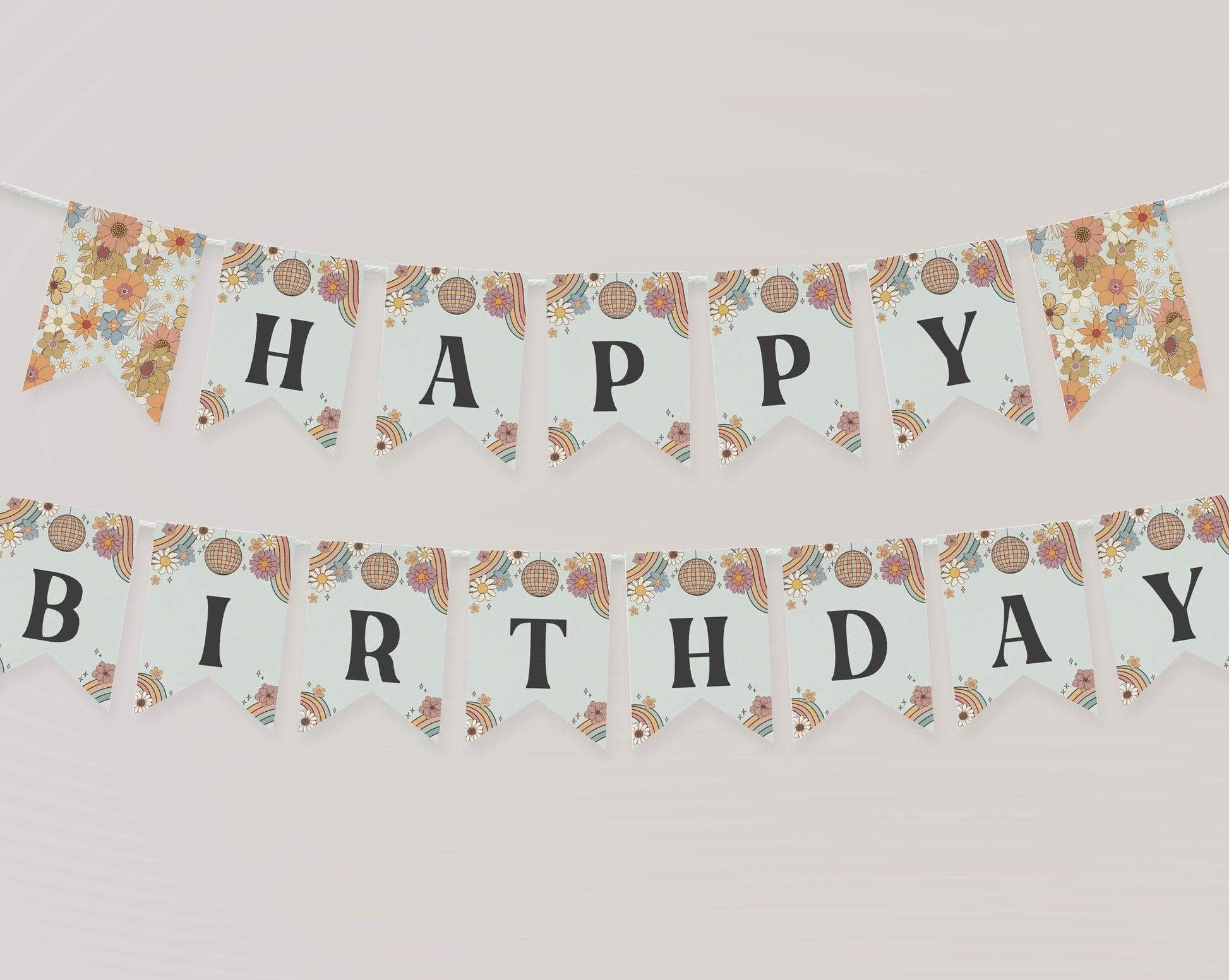 Groovy Floral Birthday Banner Printable Template, 70s retro birthday party for Girl, hippie flowers baby shower, groovy baby editable banner