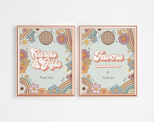 Groovy Floral Cards and Gifts Sign and Favors Sign Instant Download, Retro 70s theme Baby Shower or Birthday Party Girl Boho Hippie decor