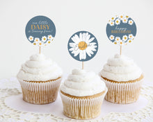  Navy Blue Daisy Birthday Cupcake Toppers Printable Template, boho floral birthday decor for girl, instant download