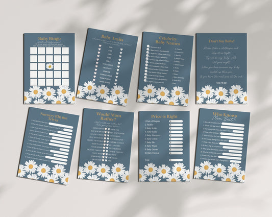 Navy Blue Daisy Baby Shower Games Bundle Instant Download, our little daisy is on the way, Oh Baby Daisy Wildflower Baby Shower for girl