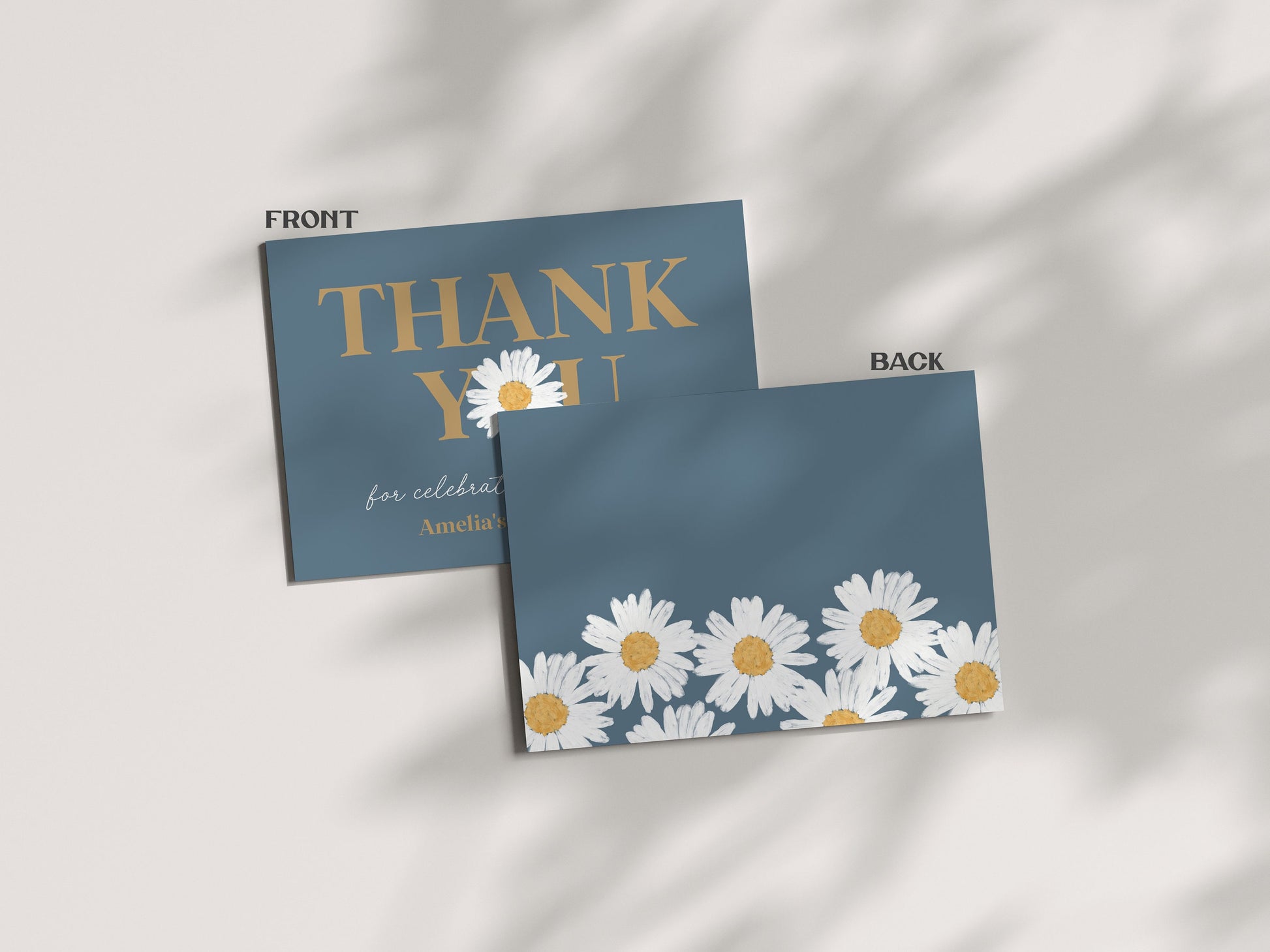 Navy Blue Daisy Thank You Card Printable, instant download wildflower birthday or baby shower for girl our little daisy is almost here