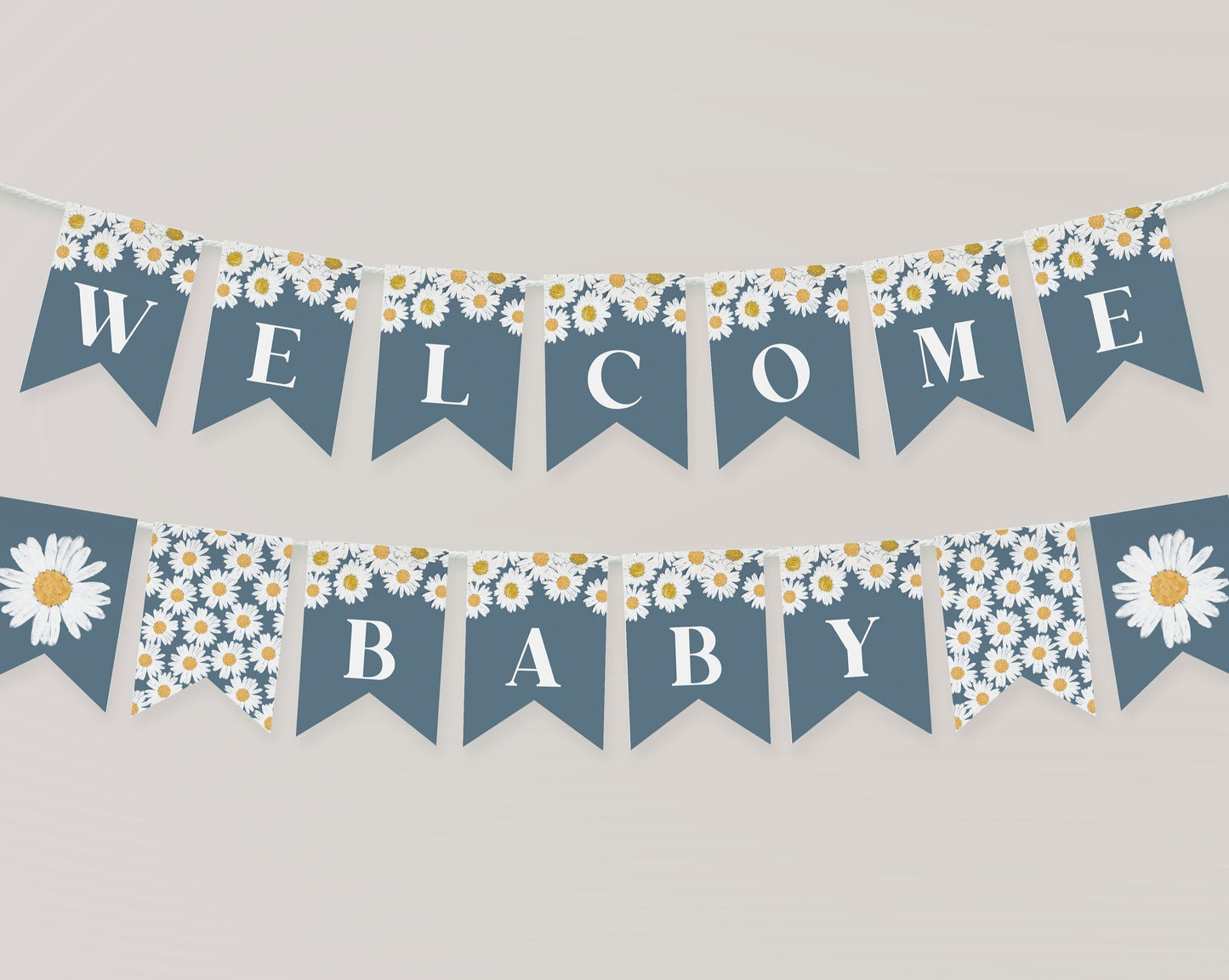 Navy Blue Daisy Baby Shower Banner Printable Template, Happy Birthday Banner for Girl Little Daisy is on the Way Baby in Bloom Oh Baby Daisy