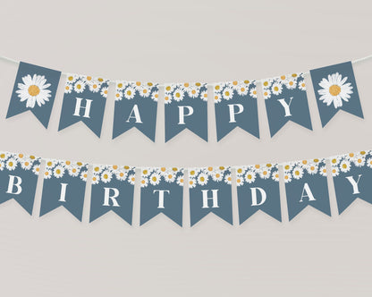 Navy Blue Daisy Birthday Banner Printable Template, Happy Birthday Banner Girl Little Daisy Birthday Party Decor Retro Daisy Party Banner