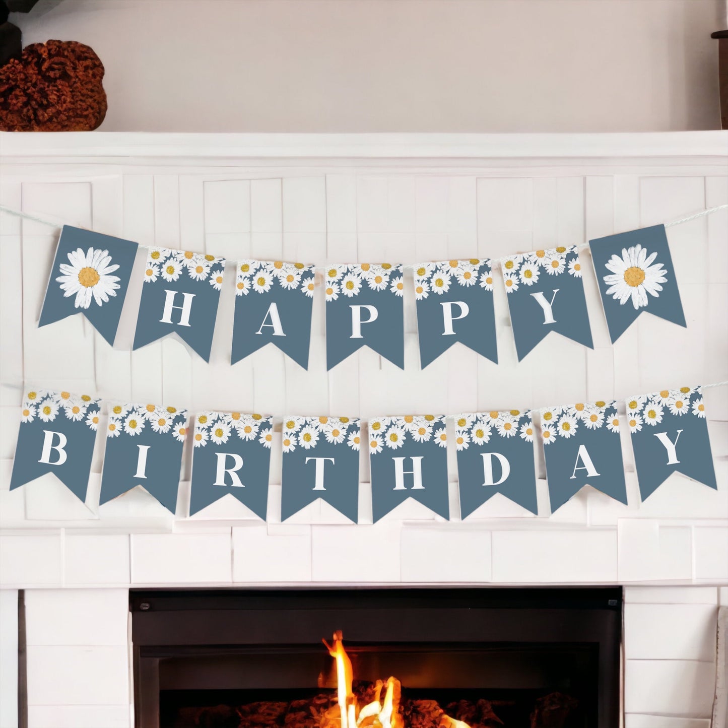 Navy Blue Daisy Birthday Banner Printable Template, Happy Birthday Banner Girl Little Daisy Birthday Party Decor Retro Daisy Party Banner