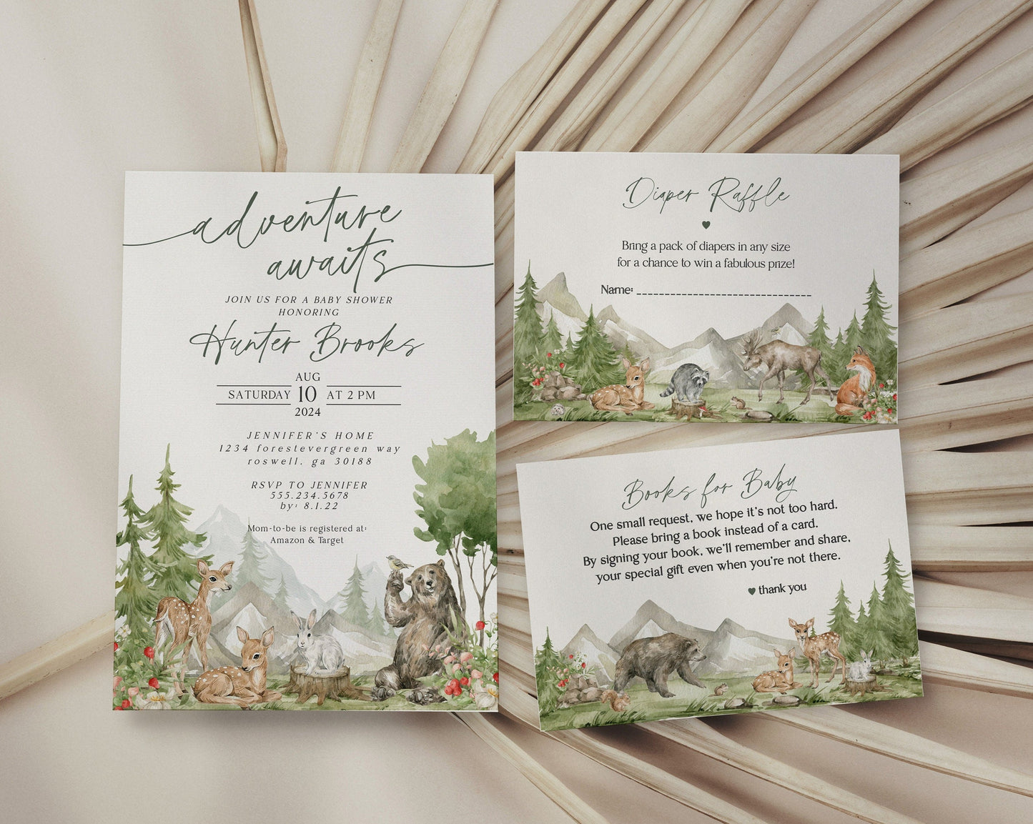 Woodland Animals Baby Shower Invite Printable, mountain adventure awaits party pack, gender neutral camping invitation woodsy baby shower