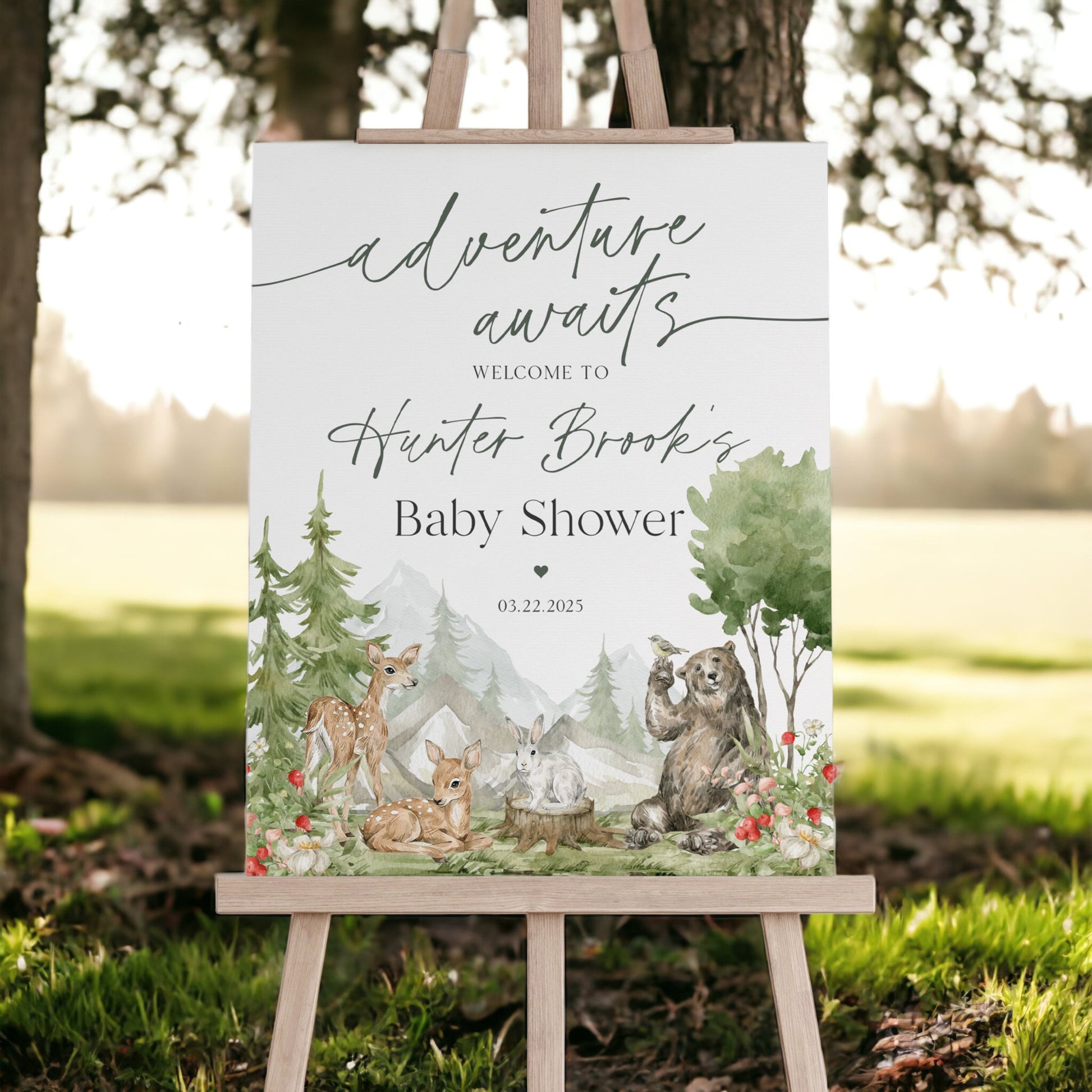 Woodland Animals Baby Shower Welcome Sign Template, wilderness outdoor baby shower Welcome Sign adventure awaits woodsy gender neutral party