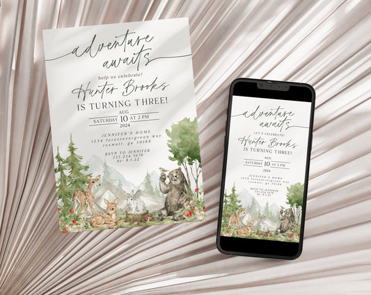 Woodland Animals Birthday Party Invitation Template, adventure awaits camping birthday party, woodsy gender neutral birthday invite