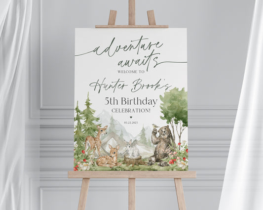 Woodland Animals Birthday Party Welcome Sign Template, wilderness outdoor birthday Welcome Sign adventure awaits woodsy gender neutral party