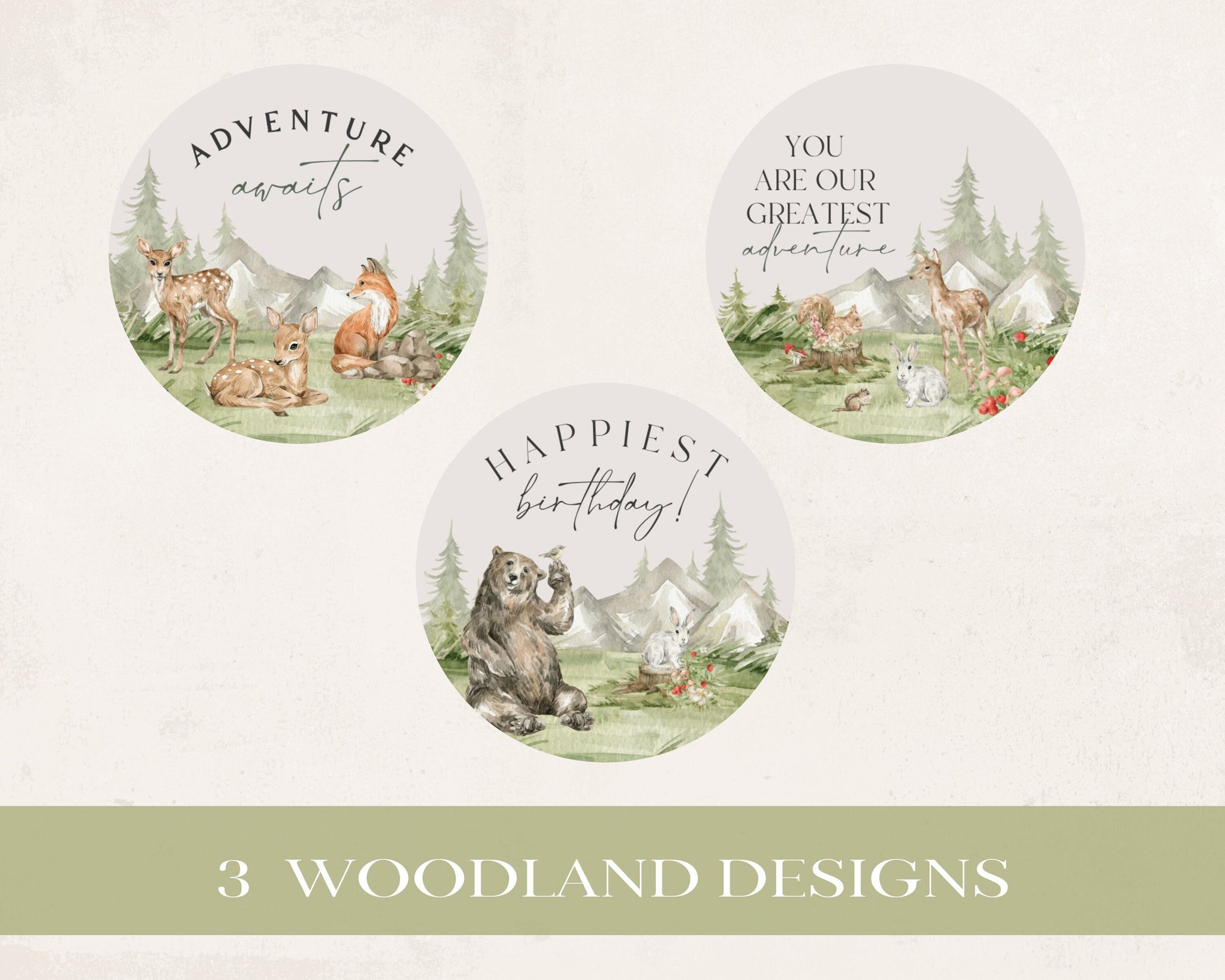 Woodland Animals Birthday Party Cupcake Toppers Printable Template, wilderness gender neutral party decor, woodsy birthday adventure awaits