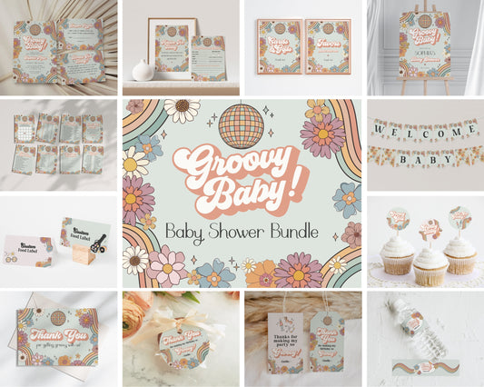 Groovy Floral Baby Shower Bundle Printable, groovy baby shower for girl, hippie baby shower retro baby shower template groovy flowers design