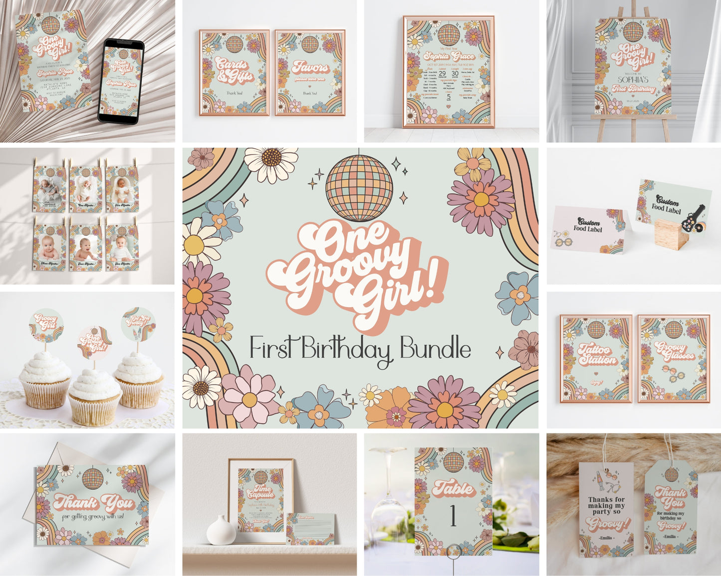 Groovy Floral First Birthday Party Bundle Printable Template, one groovy girl hippie birthday party, retro 1st birthday groovy party pack