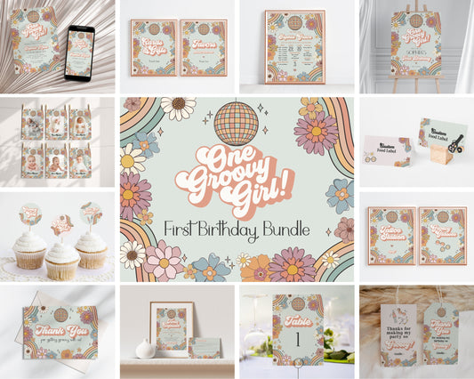 Groovy Floral First Birthday Party Bundle Printable Template, one groovy girl hippie birthday party, retro 1st birthday groovy party pack