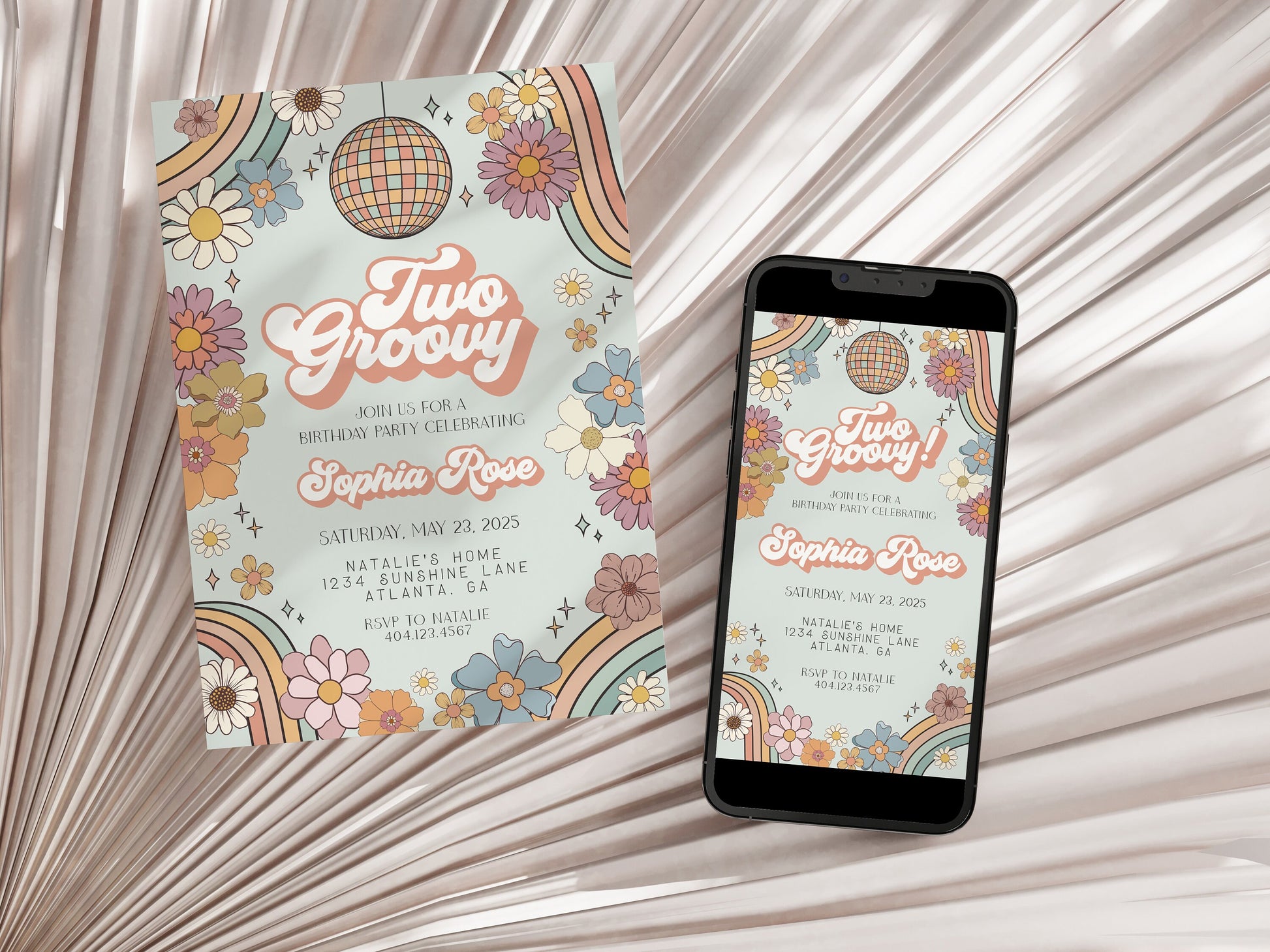 Two Groovy Floral Second Birthday Party Bundle Template, boho hippie invite for girl birthday party, retro 2nd birthday groovy party pack