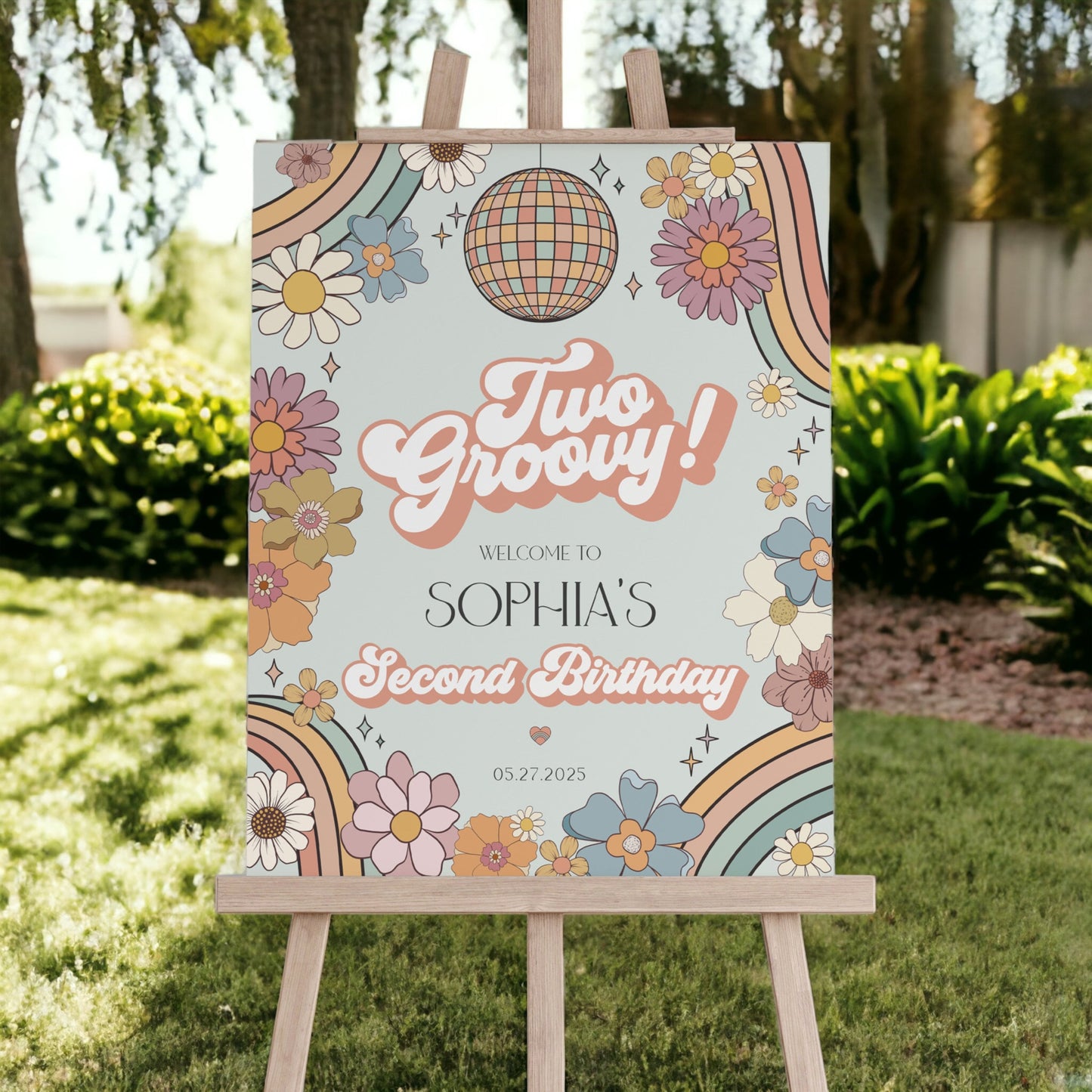 Two Groovy Floral Second Birthday Party Bundle Template, boho hippie invite for girl birthday party, retro 2nd birthday groovy party pack