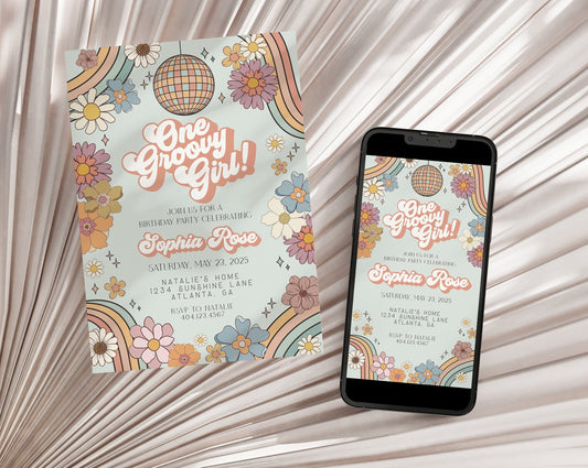 One Groovy Girl Floral 1st Birthday Invitation Template Set, one groovy babe birthday party decor, retro 70s birthday party decor