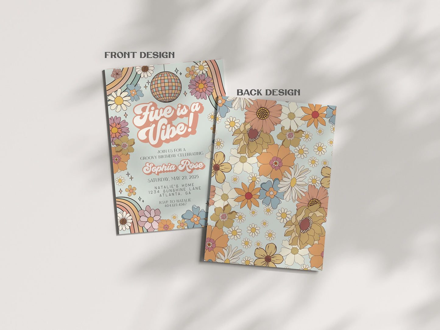 Five is a Vibe Floral 5th Birthday Invitation Template Set, groovy babe fifth birthday party invitation retro 70s disco birthday party evite