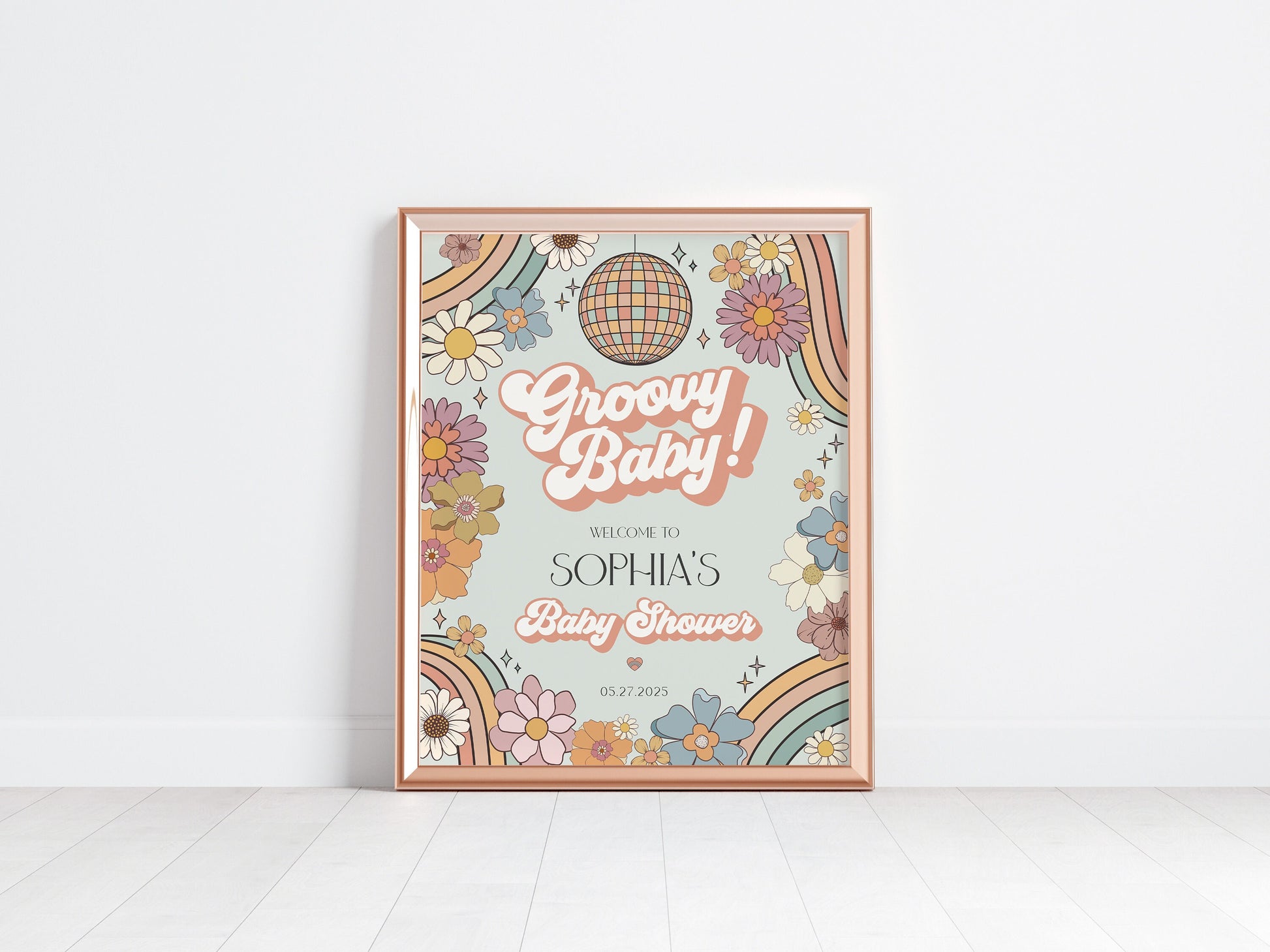 Groovy Floral Baby Shower Welcome Sign Template, retro groovy 70s baby shower printable baby in bloom boho daisy party decor template girl