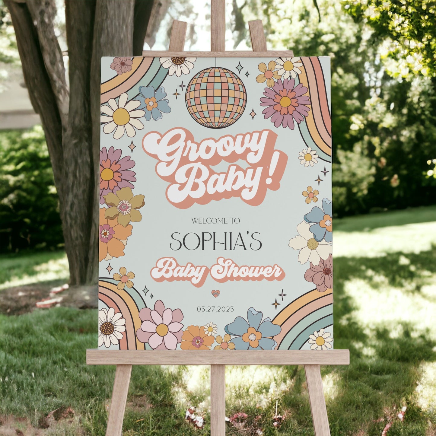 Groovy Floral Baby Shower Welcome Sign Template, retro groovy 70s baby shower printable baby in bloom boho daisy party decor template girl