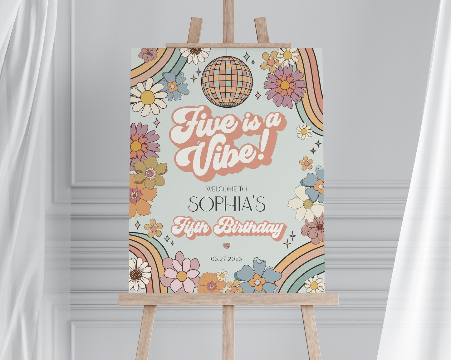 Five is a Vibe Groovy Floral 5th Birthday Welcome Sign Template, retro 70s Birthday, groovy girl hippie boho fifth birthday party decor