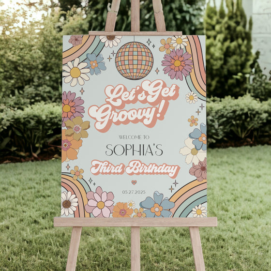 Groovy Floral Birthday Welcome Sign Template, retro 70s Birthday, groovy girl hippie boho fifth birthday daisy floral party decor