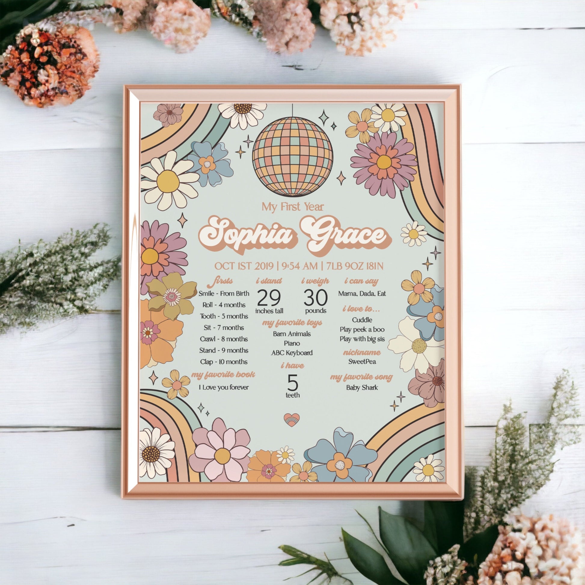 Groovy Floral My First Year Milestone Sign Template, one groovy year 1st birthday party for girl, retro 1st birthday decor one groovy girl