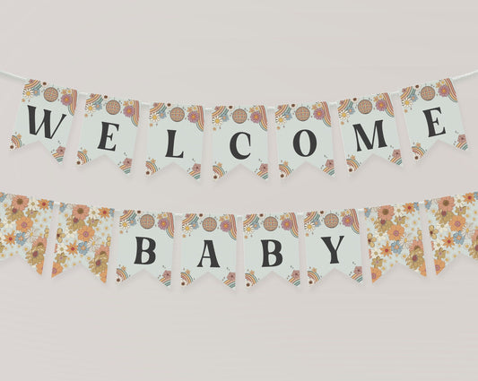 Groovy Floral Baby Shower Banner Printable Template, 70s retro baby shower for Girl, hippie flowers baby shower, groovy baby editable banner