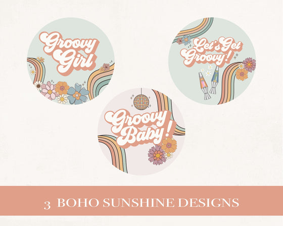 Groovy Floral Baby Shower Cupcake Toppers Printable Template, boho retro baby shower decor for girl instant download 70s theme dessert table