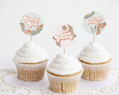 Two Groovy Floral 2nd Birthday Cupcake Toppers Printable Template, boho retro birthday decor girl instant download 70s theme dessert table